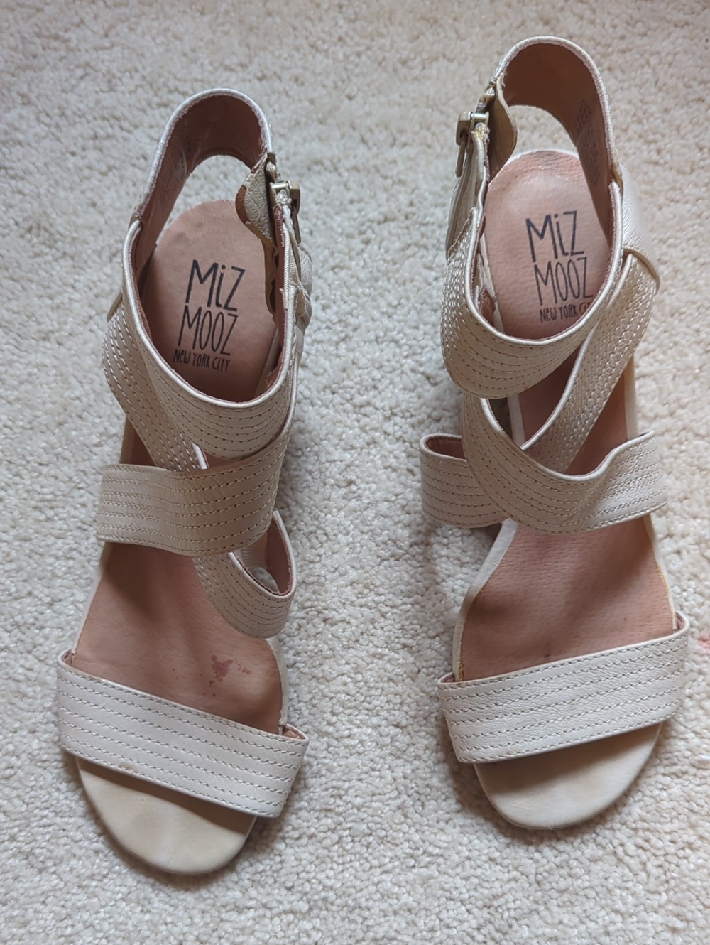 Miz Mooz Cream Strappy Wedge Sandals with Ankle Buckle